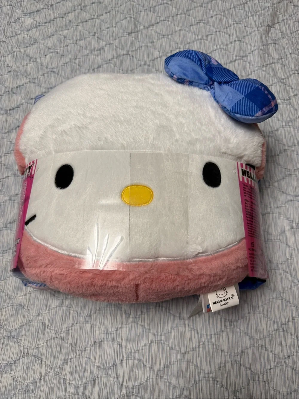 Kids Plush Character Pillow in White, Pink & Blue Bow plus throw blanket